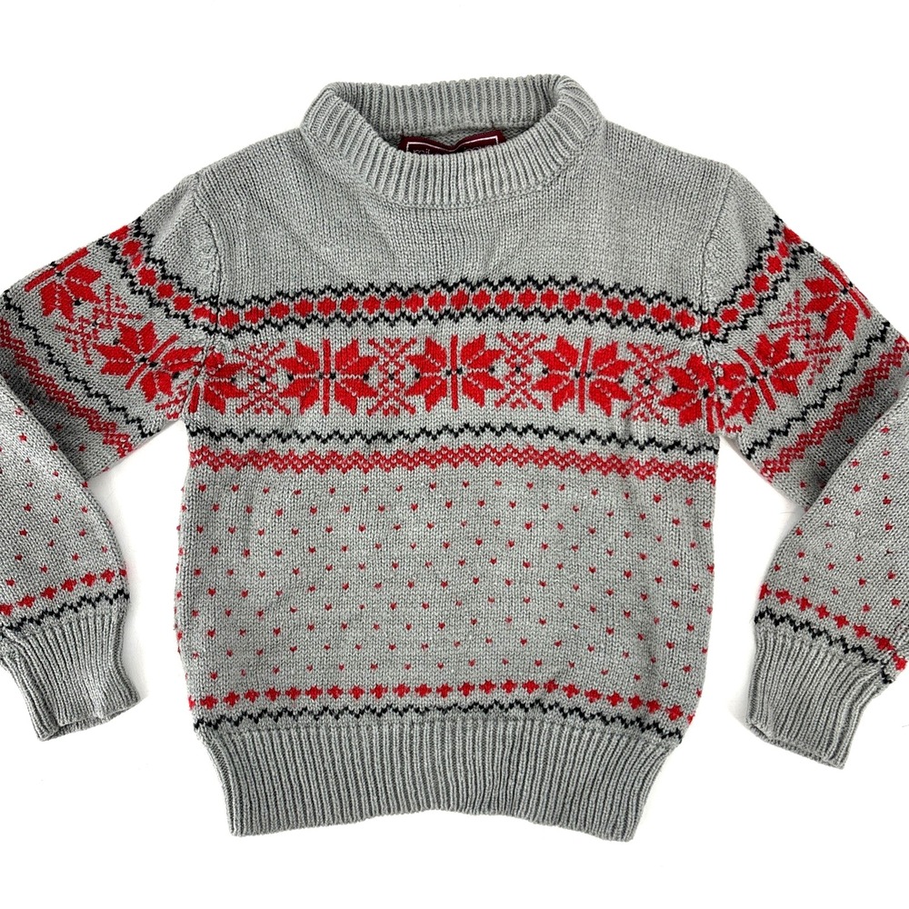 Vintage 80s Boys Sweater Pullover Nordic Fair Isle‎ Youth Size 4 Gray Red